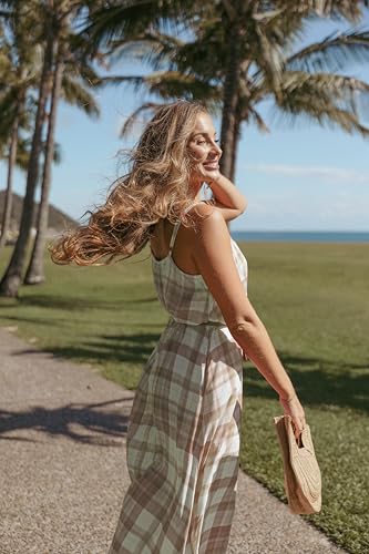 Image of LASPIA Spaghetti Strap Dresses for Women Plaid V Neck Maxi Sundress Beach Long Dress with Pockets