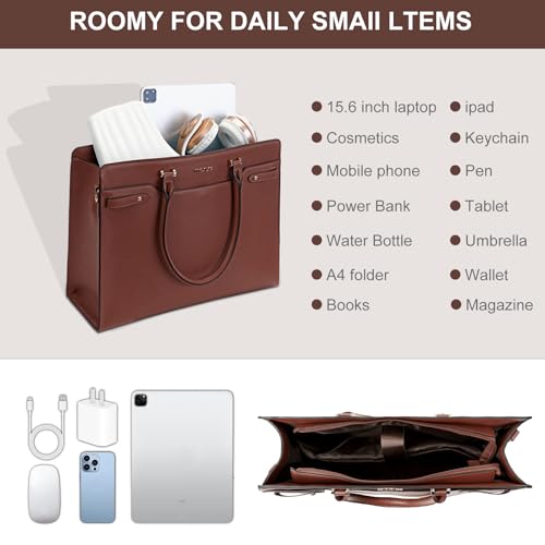 MOSISO Laptop Bag for Women, 15.6 inch Laptop Tote Bag, Waterproof Leather Front Magnetic Clasp Pocket Work Handbag, Large Capacity Computer Briefcase for Teacher Office Travel, Brown3