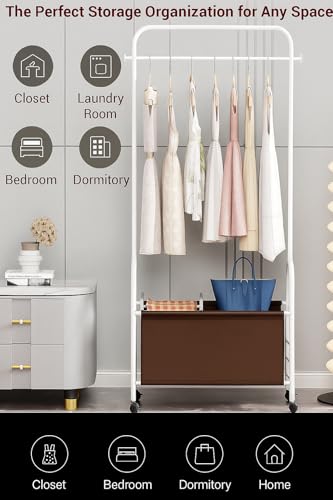 Image of Lukzer | MGR-009 | White | Metal Clothes Rail Stand with 360 Rotating Wheels & Leather Storage Bin - 4 Hook Metal Garment Rack Organizer for Closet, Laundry Room, Bedroom & Dorm | 171 x 75 x 35 cm