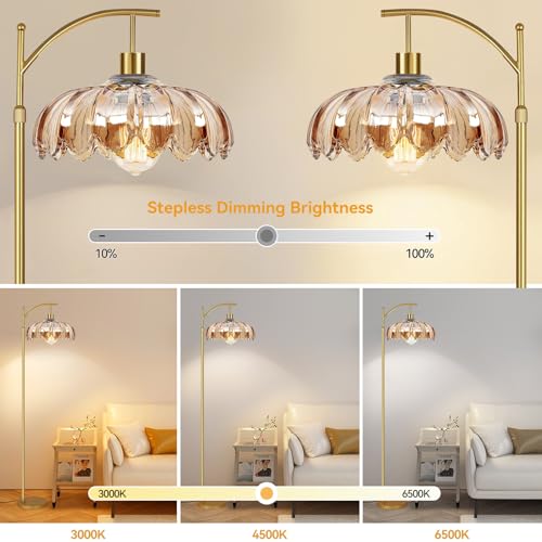 Image of AHDWDW Gold Arc Floor Lamp for Living Room with Remote,Dimmable Modern Floor Lamps with Amber Glass Shade,Unique Vintage Flower Standing Tall Lamp,Mid Century Floor Lamps for Bedroom Office Corner