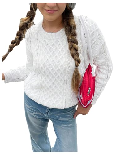 SHENHE Girl's Cable Knit Sweater Oversized Crew Neck Long Sleeve Fall Knit Sweater Pullover