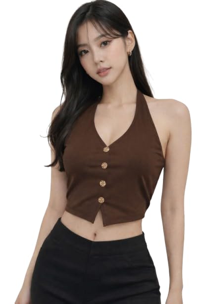 Solid Halter Neck Top for Women Stylish with Button Detailing | v Neck Tops for Woman | skims top | Sleeveless Tops for Women Tops-image-19