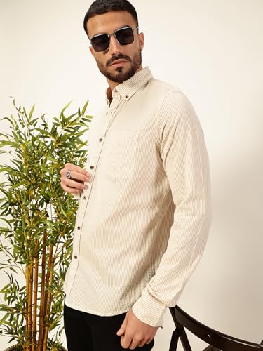 Image of Thomas Scott Men's | Slim Fit | Striped Design | Button-Down Collar | 100% Cotton Casual Shirt for Mens