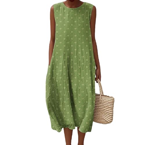 Mfhmom Damen Boho-Kleid Strandkleid Musselin Sommerkleid Leinen Rundhals Armellos Trägerkleid Lockeres Plissiertes Atmungsaktives Midikleid mit...