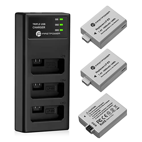 FirstPower LP-E5 Battery 3-Pack 1900mAh with Triple Slot Charger for Canon LP-E5 Canon EOS Rebel XS Rebel XSi Rebel T1i EOS 1000D EOS 500D EOS 450D Kiss X3 Kiss X2 Kiss F Digital Camera