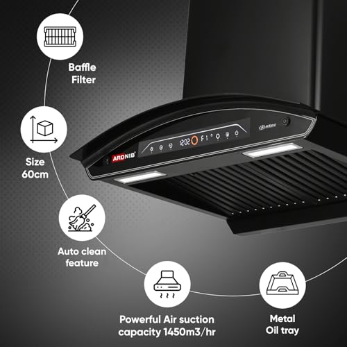 Image of 1600 m /hr Wall Mounted BLDC Auto Clean Kitchen Chimney (Ardnib NOVA PLUS BK 60, BLDC Motor, Baffle Filters, Touch Control + Motion Sensor, 7 Years Motor Warranty) (Baffle Filter)