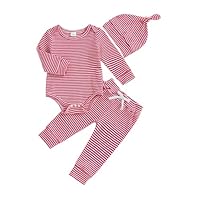 fhutpw Baby Boy Clothes 3 6 9 12 Months Striped Long Sleeve Romper Tops + Pants + Hat 3Pcs Infant Fall Winter Bodysuit Outfit (Red, 3-6 Months)