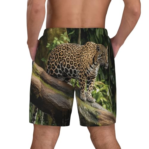 Men's Swim Trunks Quick Dry Board Shorts Jaguar Cat on Tree Trunk Waterfall Beach Shorts with Pocket Bathing Suits for Men3