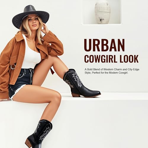 Jeossy Women's Cowboy Boots, Western Cowgirl Mid-Calf Pull on Round Toe Embroidered Country Boots with Inside Zipper 6