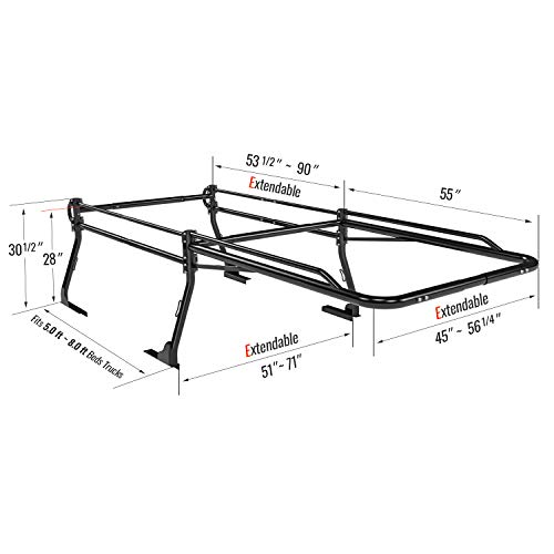 AA-Racks Model X31 Truck Bed Ladder Racks for Pickups with 55'' Side Bar Over Cab Ext. Lumber Utility Pipe Racks - Matte Black