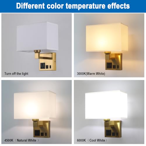 Image of Plug in Wall Sconces, Wall Lamp with Brass Base Square lampshade | Wall Lamps for Bedroom Bulb Included, Wall Mounted Lamp with 3 Color Temperature, Bedside Lamps with USB Ports and AC Outlet