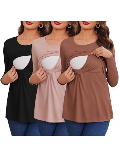 Image of Ekouaer Women 3 Packs Nursing Shirts Long Sleeve Maternity Tops Double Layer Breastfeeding Tees Round Neck Pregnancy Blouse