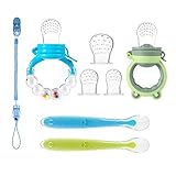 koshine Baby Food Feeder Set Rattle Fruit Feeders Silicone Pacifier Infant Teething 8PCS Set (Blue)