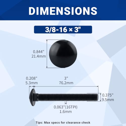 Image of 3 /8-16 x 3 Black Carriage Bolts with Nuts and Washers Kits (10 Sets), 304 Stainless Steel 18 /8, Black Finish, Round Head, Square Neck, Heavy Duty Bolts, Indoor Outdoor Fastening Bolts, Fayeploo