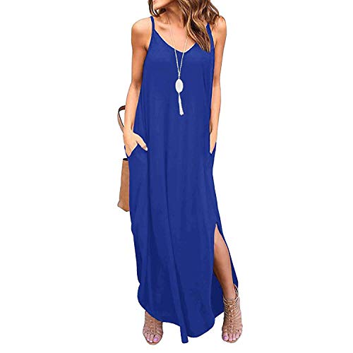 LOVINO Women's Maxi Dress Loose Casual Long Dress Sleeveless Summer Dress with Pocket Split Maxi Dresses for Women Royal Blue Large