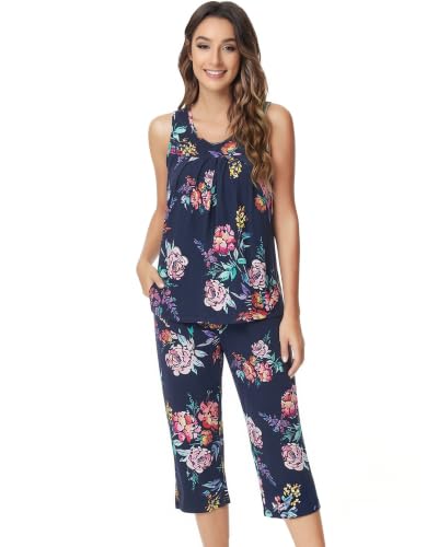 Image of NACHILA Pajamas for Women-Viscose Made from Bamboo, Sleeveless Pjs Tank Top Capri Pants Pajama Sets Cooling Sleepwear