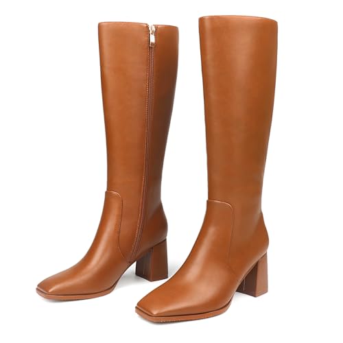 JOY IN LOVE Knee High Boots Women Chunky Block Heel Square Toe Zipper Boots