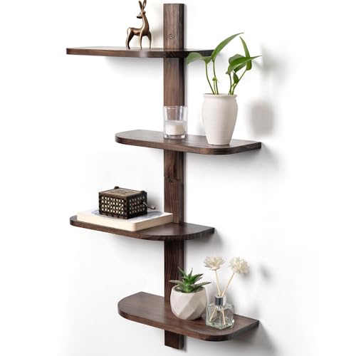 Afuly Mensola a Muro Galleggiante Vintage in Legno Massello, 4 Ripiani - Mensola Verticale Marrone con Angoli Arrotondati, Salvaspazio, Decorazione per Bagno, Cucina, Soggiorno