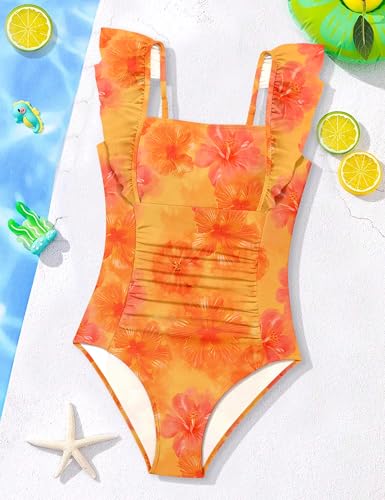 Image of NECIOUS Girls Swimsuit Ruffle Adjustable Straps One Piece Bathing Suit Solid Color Ruched Girls' Swimwear 9-16Y