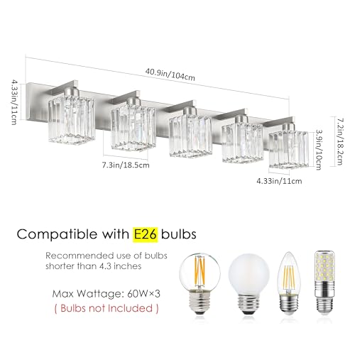 Image of Aipsun Brushed Nickel Bathroom Lighting Fixtures 5 Light Vanity Light Crystal Modern Bathroom Vanity Light (Exclude Bulb)