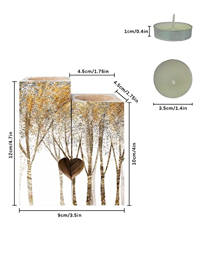 Gold Forest Candle Holders Set, Wooden Tealight Candle Holder Gifts For Women, Fall Botanical Modern Abstract Art Painting Candlesticks Holder Decor For Wedding Dinning Party #TOP2