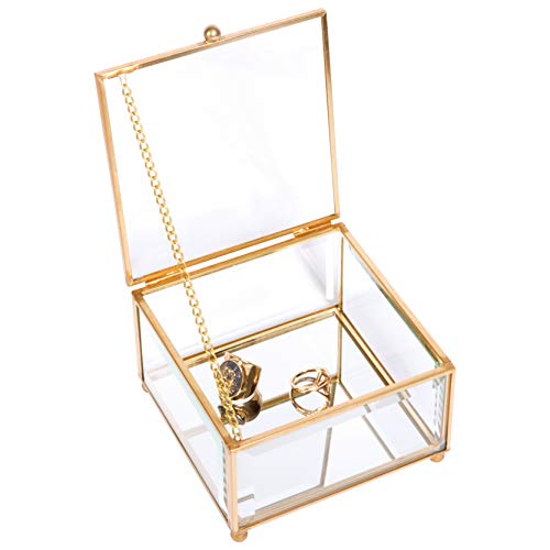 Home Details Square Glass Keepsake Box | Jewelry Organizer | Decorative Accent | Vanity | Table Décor | Wedding Bridal Gift | Jars & Boxes | Gold, 1 Count (Pack Of 1) #TOP2