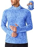 PINSPARK Men's Rash Guard Shirts UPF 50+ Sun Hoodie with Face Mask Long Sleeve Lightweight UV Protection Fishing Shirts for Men L Blue Camouflage