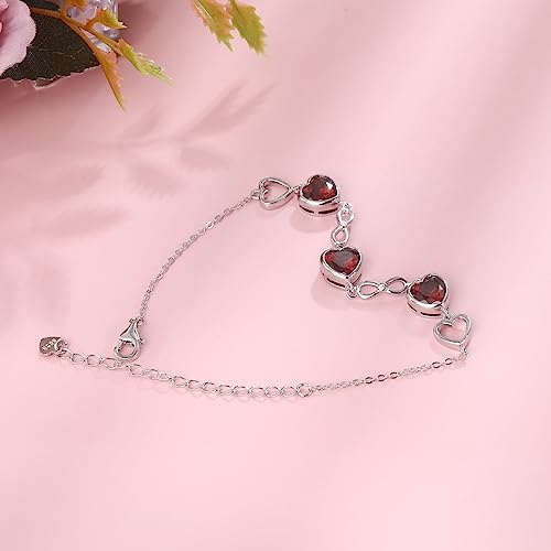 Qings 3 Heart Garnet Birthstone Bracelet for Women Sterling Silver 925 January Infinity Symbol Adjustable Link Bracelets with Cubic Zirconia Charms Friendship Family Birthday Gifts for Girls Her - Image 3