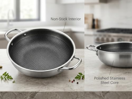 Image of Sakar Triply Honeycomb Kadai 28 cm | 3 Layer Stainless Steel Deep Fry Pan | 2.5mm Heavy Base | Gas & Induction Compatible | Non-Stick Honeycomb Design | Rust-Free Durable Cookware