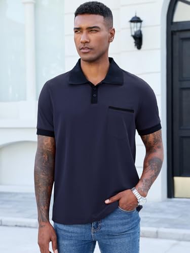 Image of Men's Casual Polo Shirts Summer Short Sleeve Contrast Collar Buttoned Tee Polo Shirt with Pocket