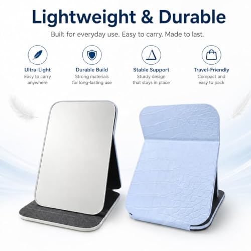 Image of Foldable Makeup Mirror with Adjustable Stand, Portable HD Vanity Mirror for Travel & Dressing Table, PU Leather Crocodile Pattern Compact Cosmetic Mirror for Women & Girls (16x11cm) (Blue)