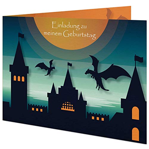 5 Geburtstagskarten zum selber beschriften mit passenden Umschlägen, Motiv: Schloss und Drachen, Einladungskarten für Kinder mit beschreibbaren Feldern, Klappkarten im Set zu 5 Stk Cover