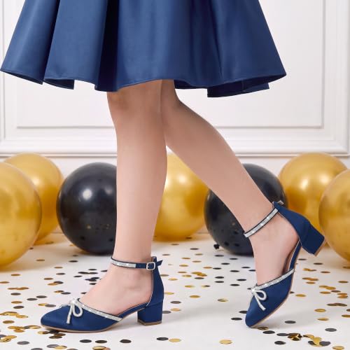 Image of LAURMOSA Girls Sandals Closed Toe High Heels Pointed Toe Ankle Strap Pumps Flower Girl Dressy Shoes in Wedding Party Cute Bowknot Chunky Block Heeled for Little Big Kids