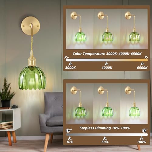 Image of Battery Operated Wall Sconces 3CCT Dimmable Wireless Sconces Set of 2, Vintage Light Fixture with Green Tulip Glass Lampshade Wall Decor Set of 2 for Bedroom Bedside Bathroom Hallway