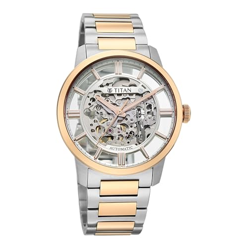 Image of Titan See-Through Skeletal Automatic Analog with White Dial Bimetal Rose Gold & Steel Strap Watch for Men - 90220KM01
