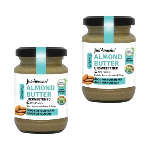 Image of Jus' Amazin Creamy Almond Butter - Unsweetened (125 g) Pack of 2 | 25% Protein | Only Whole Almonds (100% Pure) | Zero Additives | 100% Natural | Vegan | Dairy Free | Keto | Plant Based Nutrition | Clean Nutrition