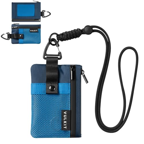 Image of VULKIT Small Minimalist Wallet for Women and Men RFID Blocking, Zipper Coin Pouch with ID Window and Keychain, Water Resistant Travel Lanyard Wallet Blue