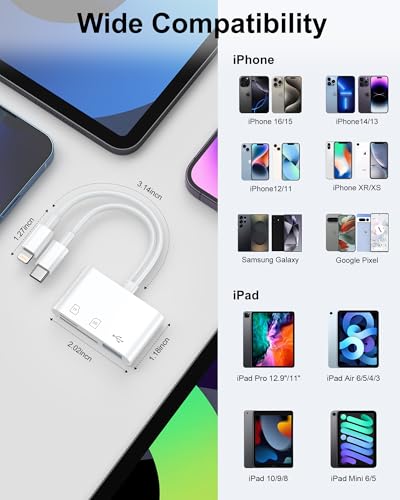 SD Card Reader for iPhone, iPad, Samsung, Memory SD Card Reader USB C&Lightning Dual Port Micro SD Card Reader with USB Camera Adapter Plug and Play Trail Game Camera Card Viewer Supports SD/TF Card