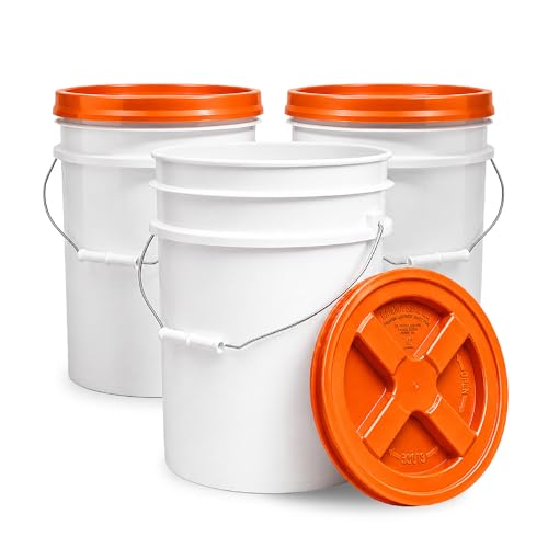 Image of ePackageSupply 5 Gallon Bucket - Food Grade w /Lid BPA-Free, White /Orange, 3 | Airtight Gamma Seal Screw-On Lid, Heavy-Duty 90 Mil HDPE Plastic, Food Safe and Durable Container, Bulk Storage, Made in USA