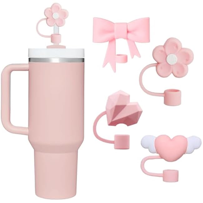 Stanley Cup Accessories Set,Including 2 Pcs 0.4in Straw Cover, 1 Silicone Spill-Proof Stopper Set of 3, 1 Cute Flower Handle Charm, 1 Silicone Boot Fits Stanley 40&30 Oz Tumbler (Cream)