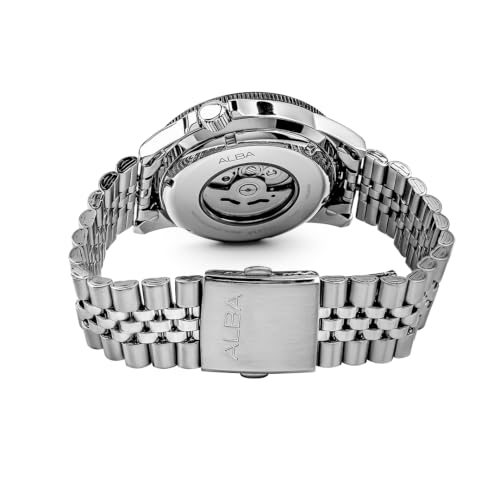 Image of ALBA AL4645X1 Automatic Analog Watch for Men | Black Dial | Japanese Y676 Automatic Movement | 44 mm Stainless Steel Case | Two-Way Rotating Bezel | Stainless Steel Bracelet | Day & Date Display | Mineral Crystal | 10 BAR Water Resistant