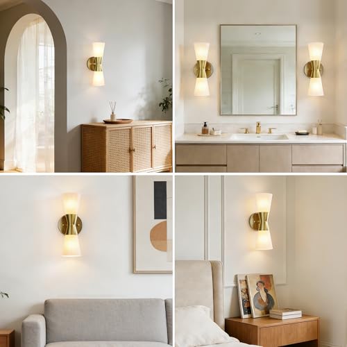 Image of Bathroom Wall Sconce, Modern Indoor Vanity Light Fixtures, Up Down Lighting, Wall Mount Lamp for Living Room Bedroom Hallway Stairway Fireplace Mirror E26 Base (White & Gold - 1pack, 13inch)