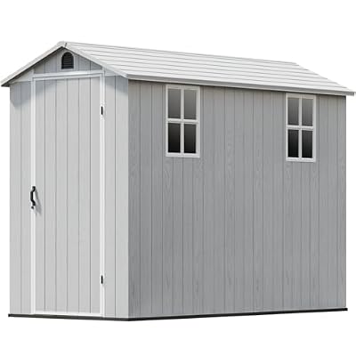Patiowell 4x8 FT Resin Outdoor Storage Shed with Floor & 2 Windows, Large Plastic Garden Shed with Lockable Door for Backyard, Patio, and Lawn, Gray (Fit-it Shed)