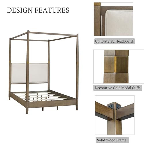 Madison Park Baylor Headboard, Footboard, Canopy Bed Frame with 5 Wood Slats - Upholstered Headboard, Post with Gold Accent, Bedroom Furniture, Box Spring Needed, Easy Assembly, Brown, Queen by Madison Park - Image 5