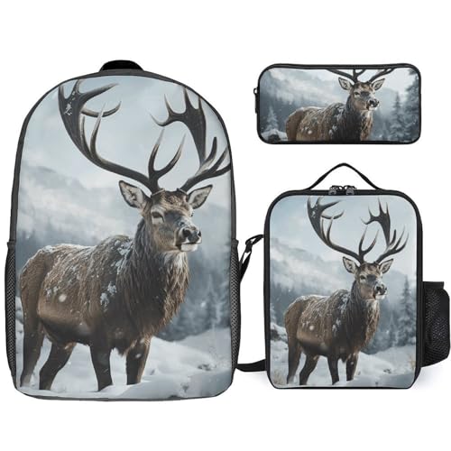 3 Piece Backpack for Women Men Lightweight Causal Daypack Shoulder Bag Set with Insulated Lunch Bag And Pencil Case Organizers Snow Elk