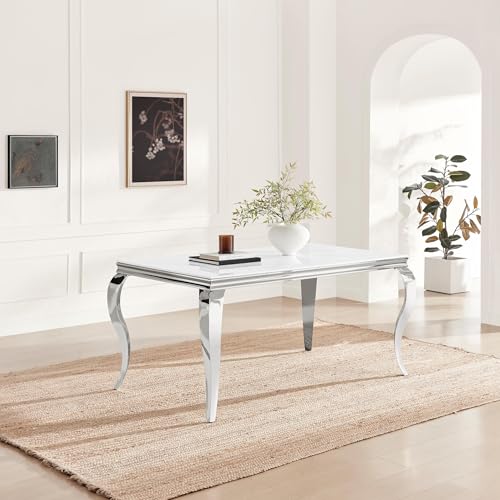 Furniturebox UK Dining Room Furniture, Skye White Marble Effect 6 Seat Dinner Table, Bevelled Glass Top & Silver Stainless Steel Legs with Rococo Flair, Sleek Elegant Modern Rectangular Table