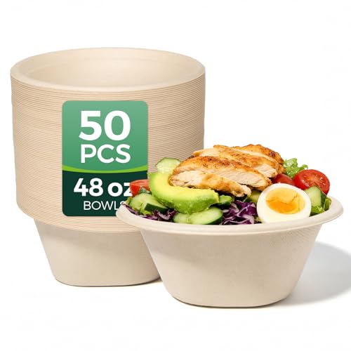 hooray mida Heavy Duty 48 OZ [50 Pack] Disposable Bowls - 100% Sugarcane Fiber, Microwave Safe - Large Compostable Paper Bowls for Soup, Salad, Ramen, Popcorn