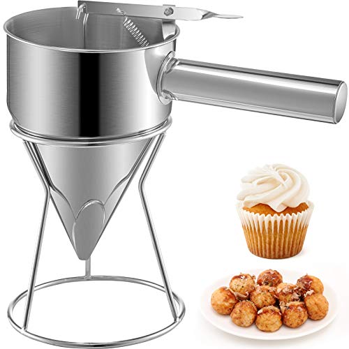 VEVOR Batter Funnel Dispenser Stainless Steel Waffle Batter Dispenser Steel Pancake Dispenser for Batter with Handle & Rack Pancake Batter Dispenser Great for Cupcakes, Takoyaki or Any Baked Goods
