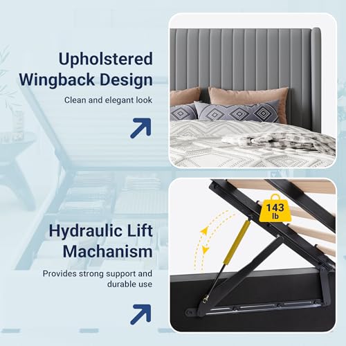 Image of Allewie King Size Lift Up Storage Bed Frame Channel Tufted Headboard Grey