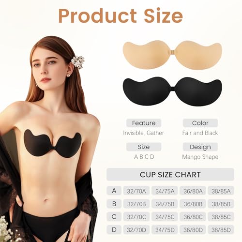 Leikedun 2er Set Klebe BH Push up ohne Träger (A Körbchen), unsichtbarer Selbstklebender BH, Beige/Schwarz, für Hochzeitskleider & Abendkleider mit 6 Paar Nippelabdeckungen & 10 Körperband